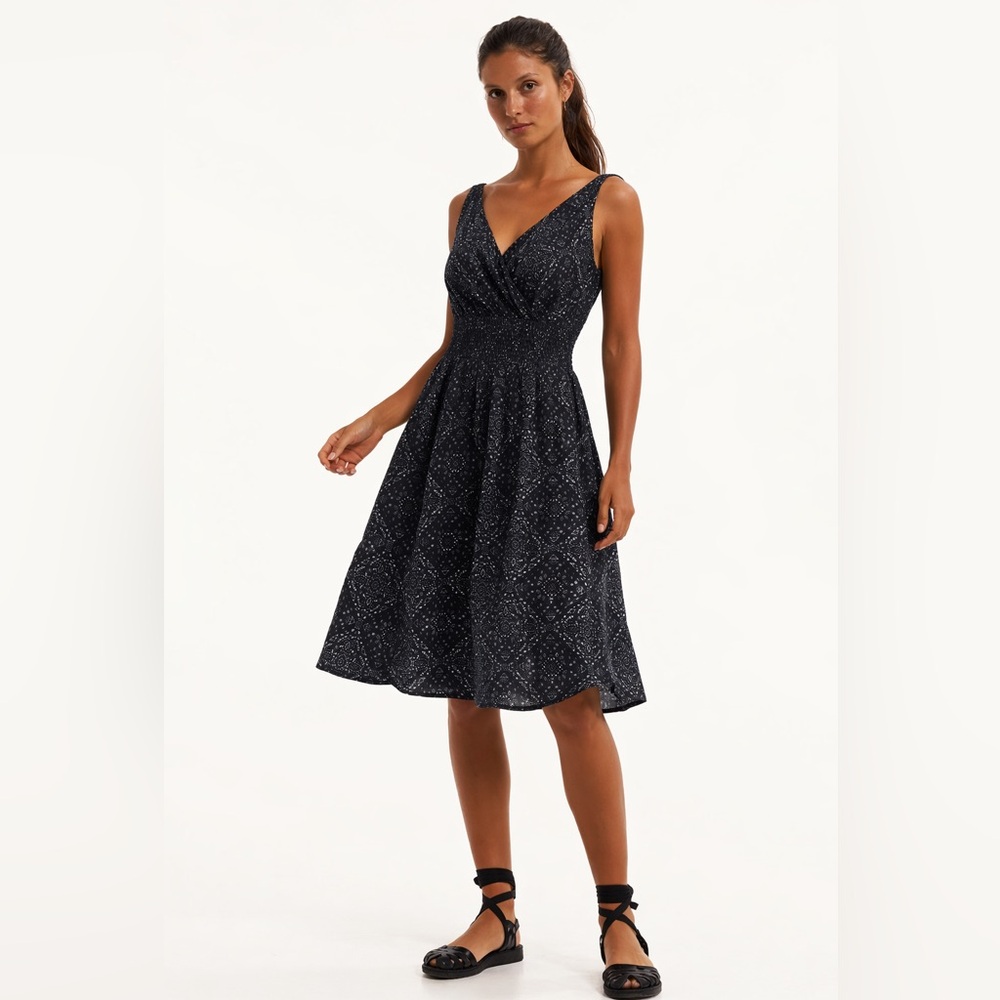 Organic Viscose Smocked Waist & Back Black Patterned Dress with Pockets Fits S/M - Picture 7 of 16